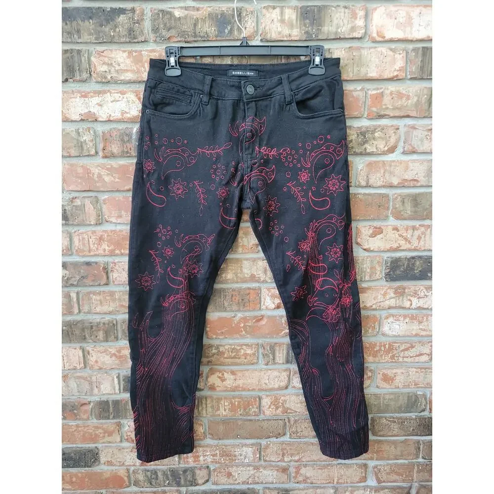 Embellish Mens Black Jeans Size 32 Red Paisley Embroidered Streetwear Skinny - Picture 2 of 6